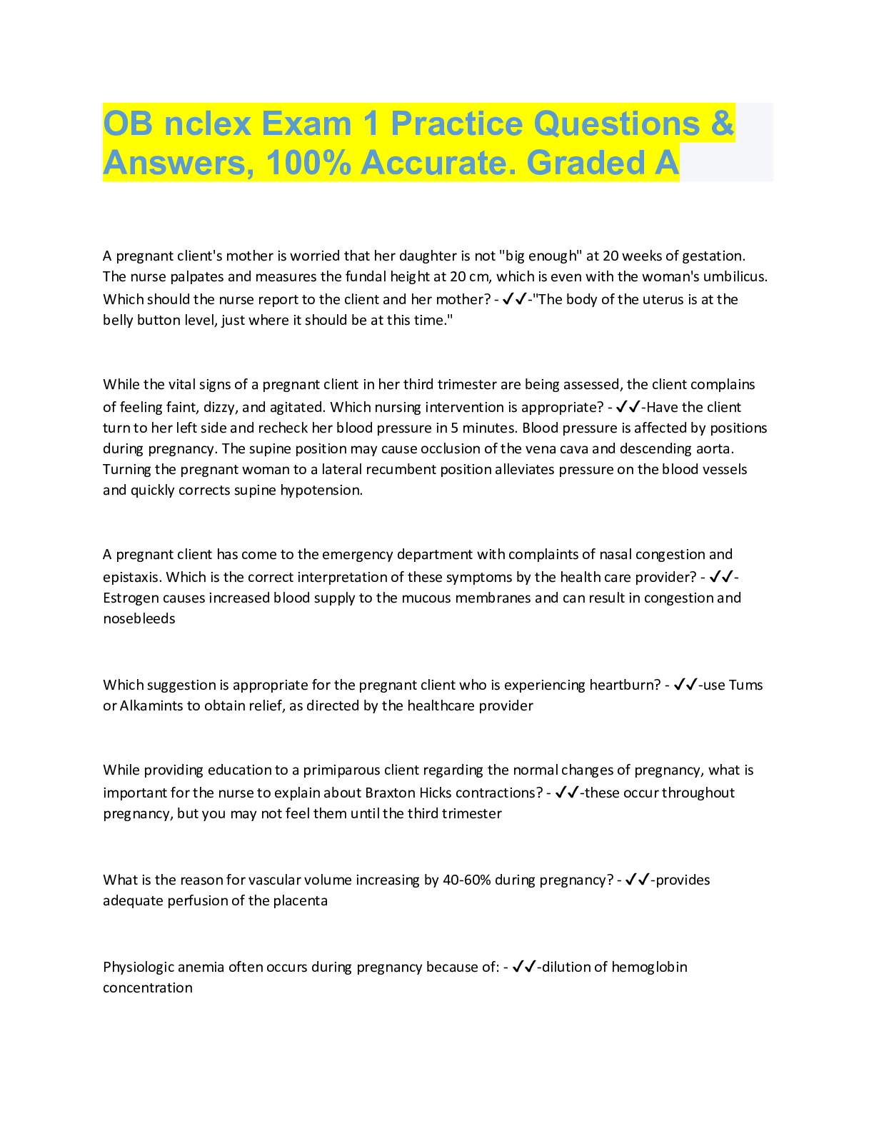 Preview image for OB nclex Exam 1 Practice Questions &  Answers, 100% Accurate. Graded A